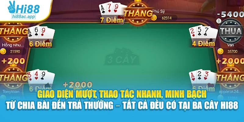 Giao diện mượt, thao tác nhanh, minh bạch từ chia bài đến trả thưởng – tất cả đều có tại Ba Cây Hi88